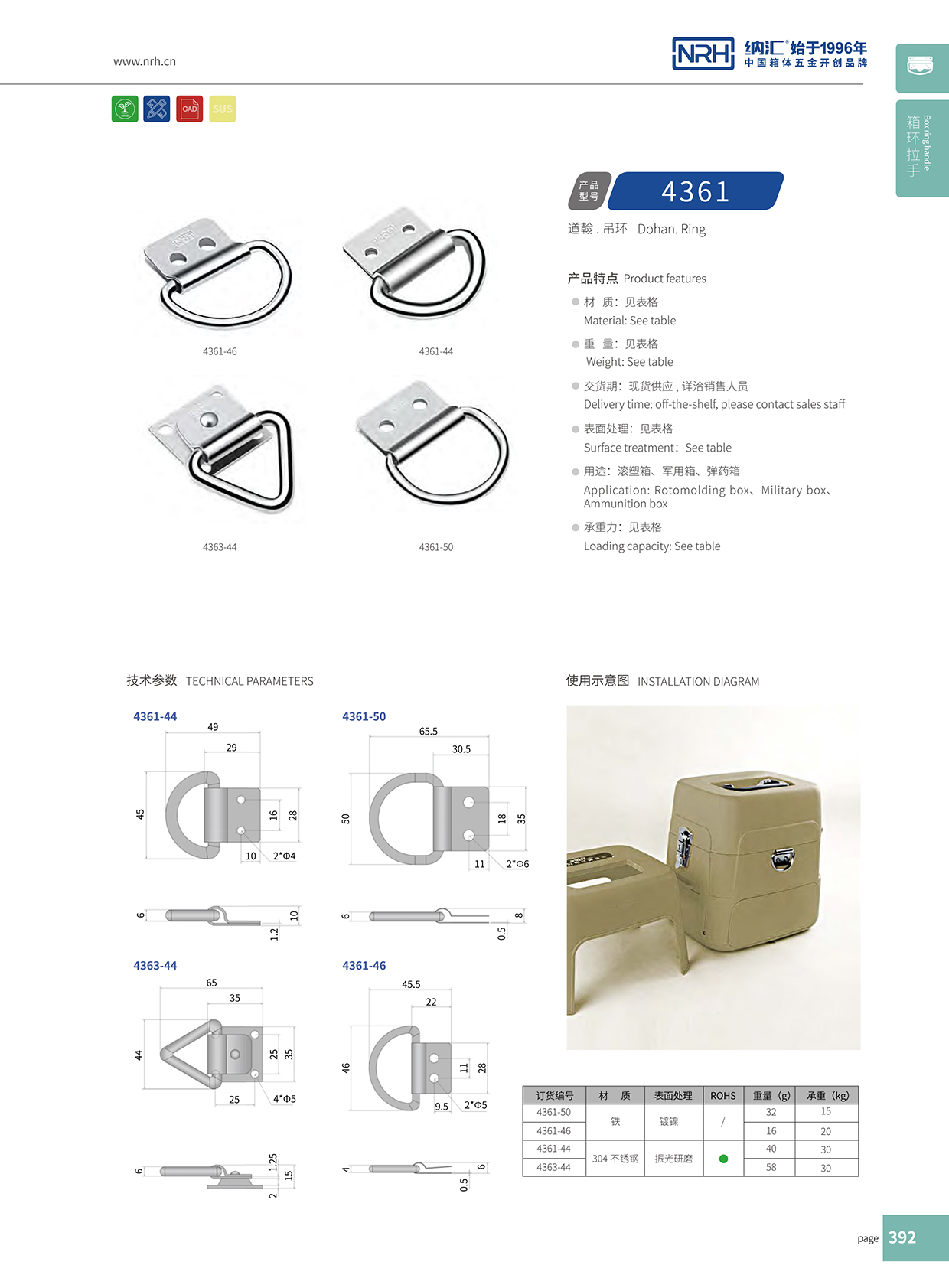 納匯/NRH 滾塑箱吊環(huán) 4361-50