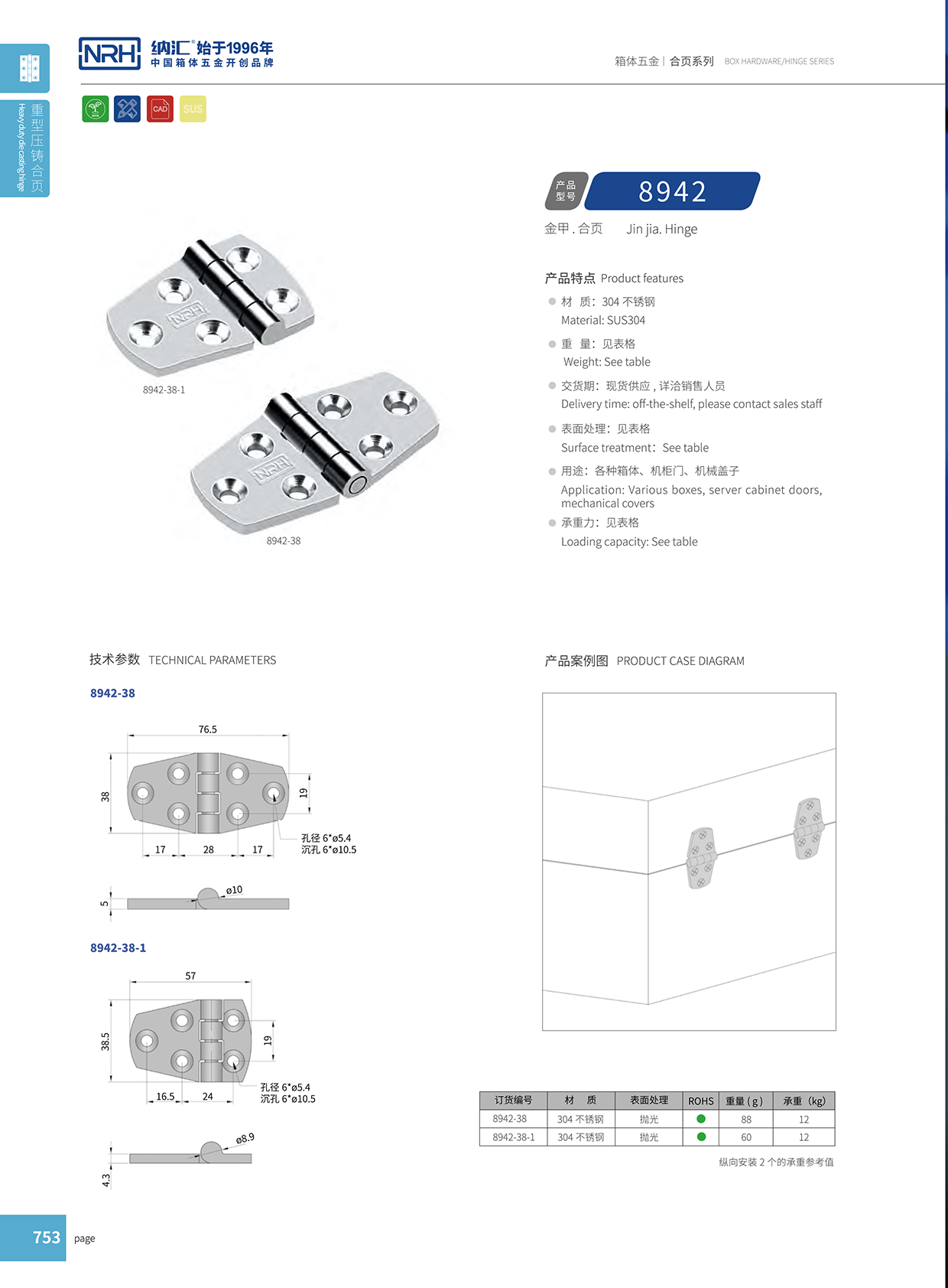 納匯/NRH 8942-38 五金工業鉸鏈